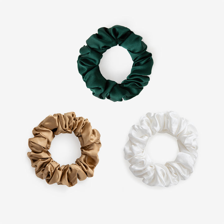 Large Silk Scrunchie Set - Emerald, Gold, Pearl White