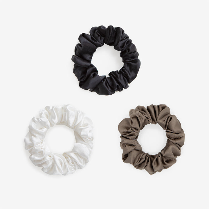 Large Silk Scrunchie Set - Black, Chocolate, Pearl White