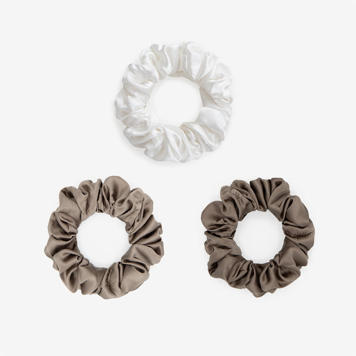 Large Silk Scrunchie Set - Pearl White, Oyster, Chocolate