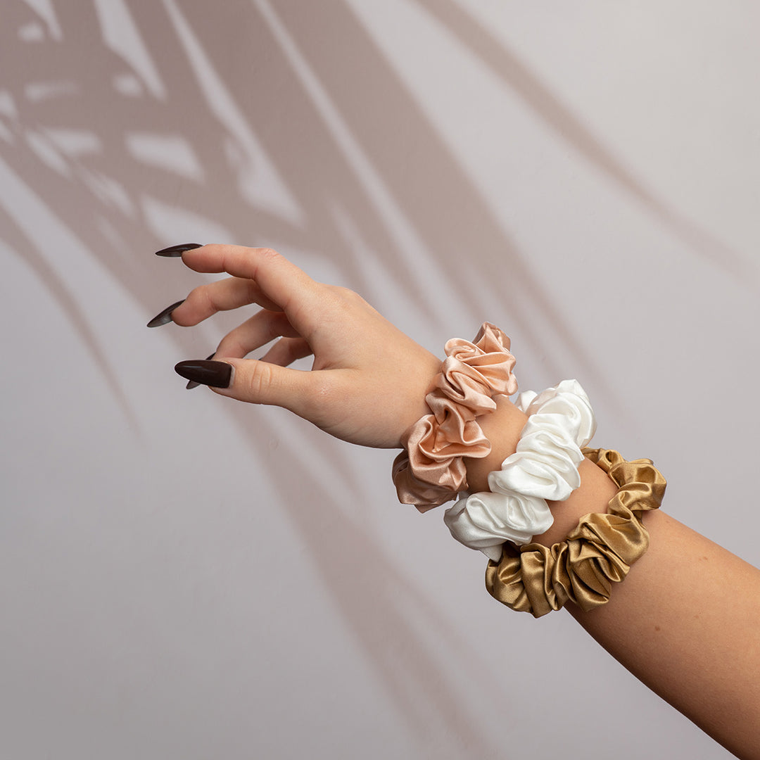 Silk Scrunchie Set - Pearl White, Gold, Rose Gold - SilkSleek