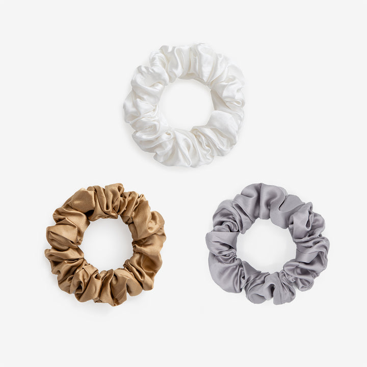 Large Silk Scrunchie Set - Pearl White, Gold, Silver