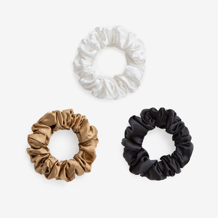 Large Silk Scrunchie Set - Pearl White, Gold, Black