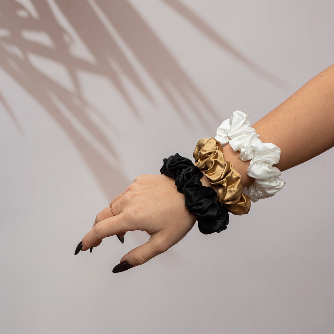 Silk Scrunchie Set - Pearl White, Gold, Black - SilkSleek