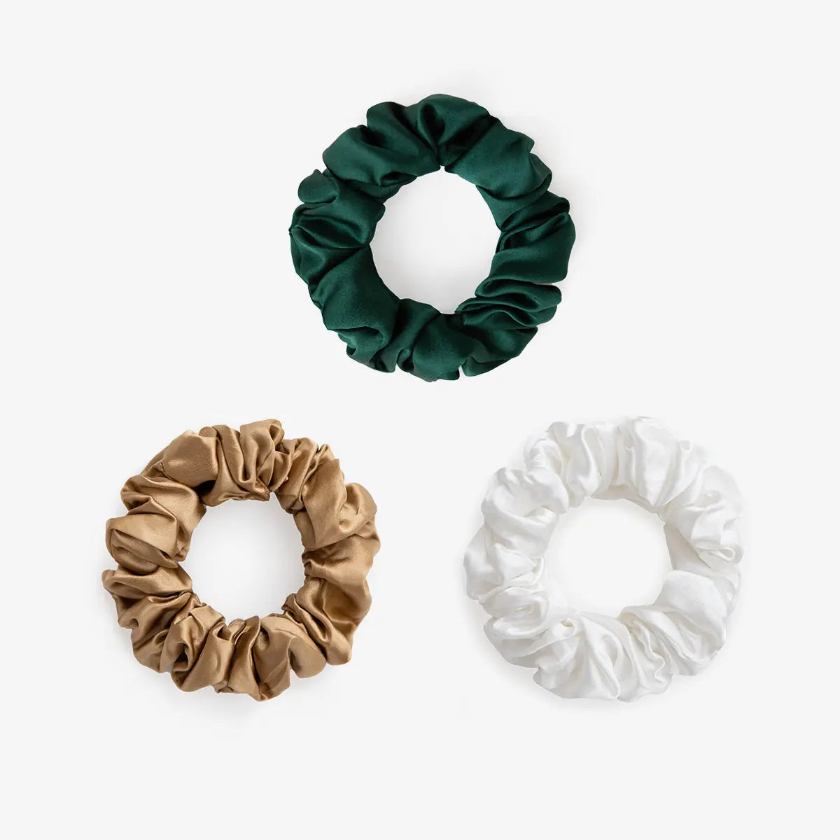 Large Silk Scrunchie Set - Emerald, Gold, Pearl White - SilkSleek