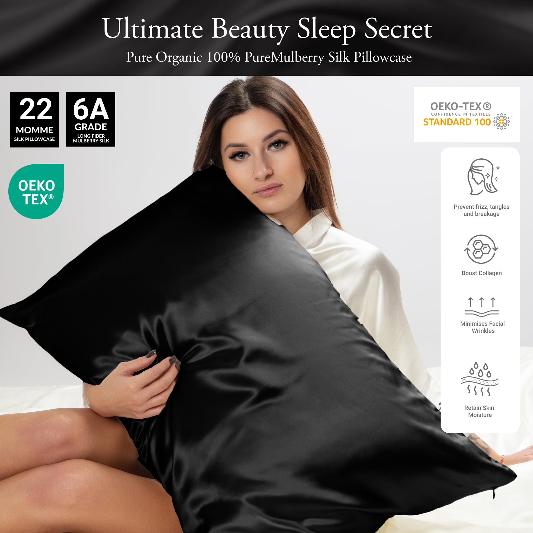 Woman holding a black silk pillowcase with product details on a white background