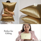 Gold silk pillow and box with text 'Perfect for Gifting' on a white background