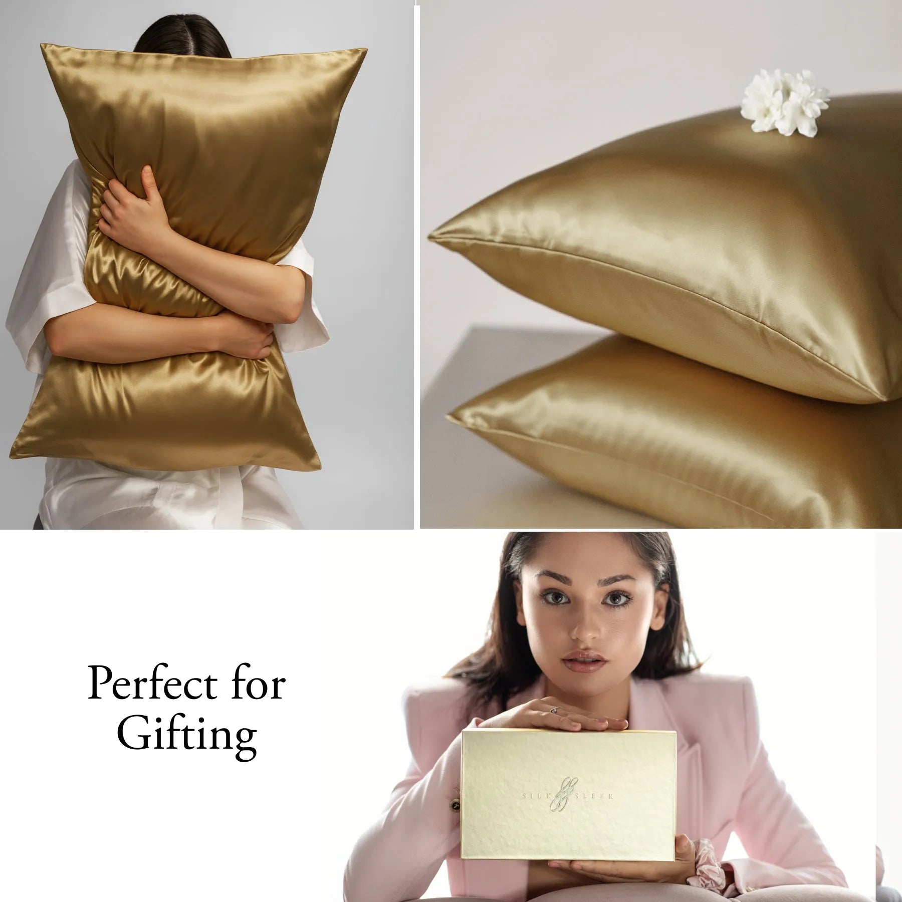 Gold silk pillow and box with text 'Perfect for Gifting' on a white background
