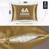 Gold silk pillowcase with '6A Grade' label and dimensions on a white background