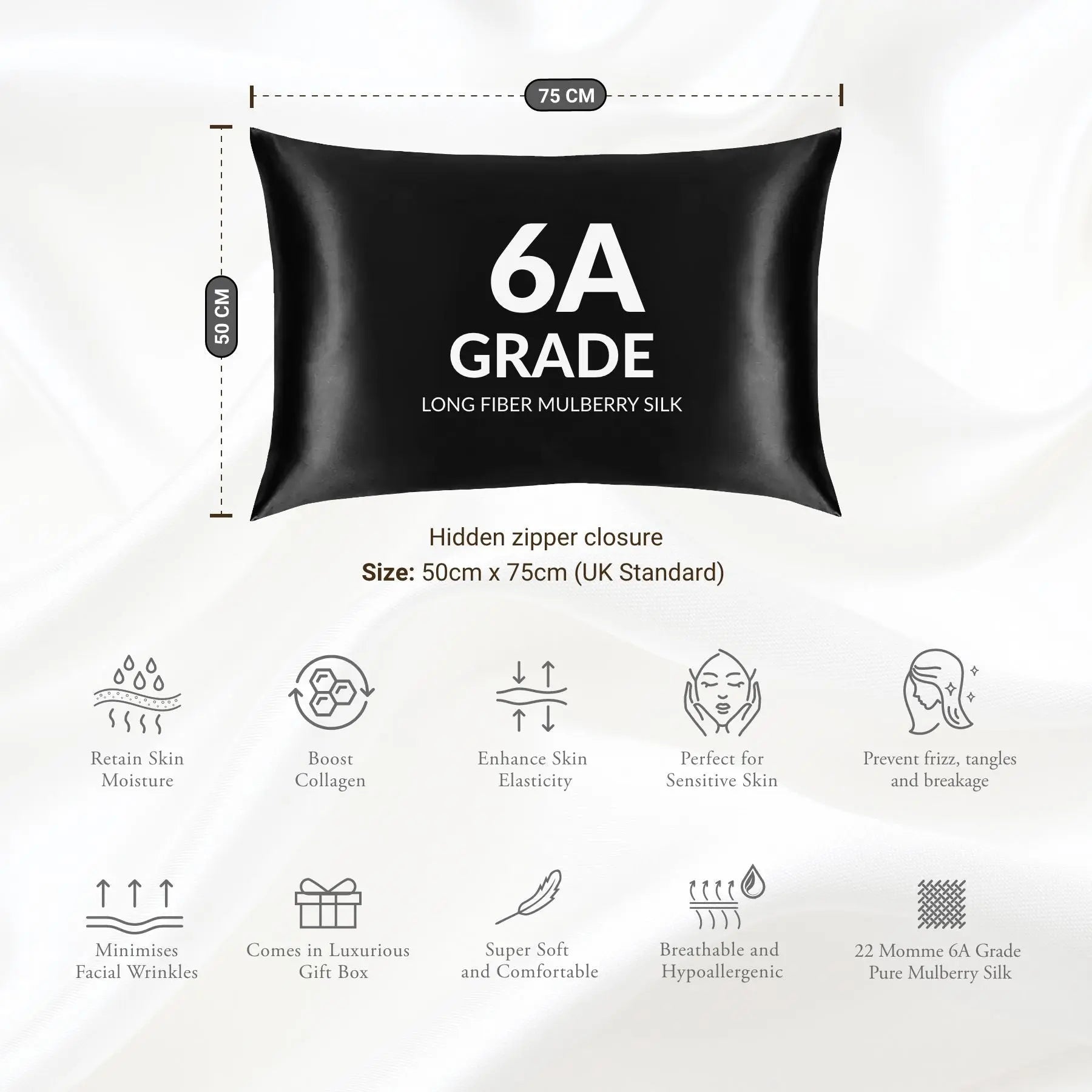 Black silk pillowcase by SilkSleek with hidden zipper closure and 6A grade luxurious mulberry silk