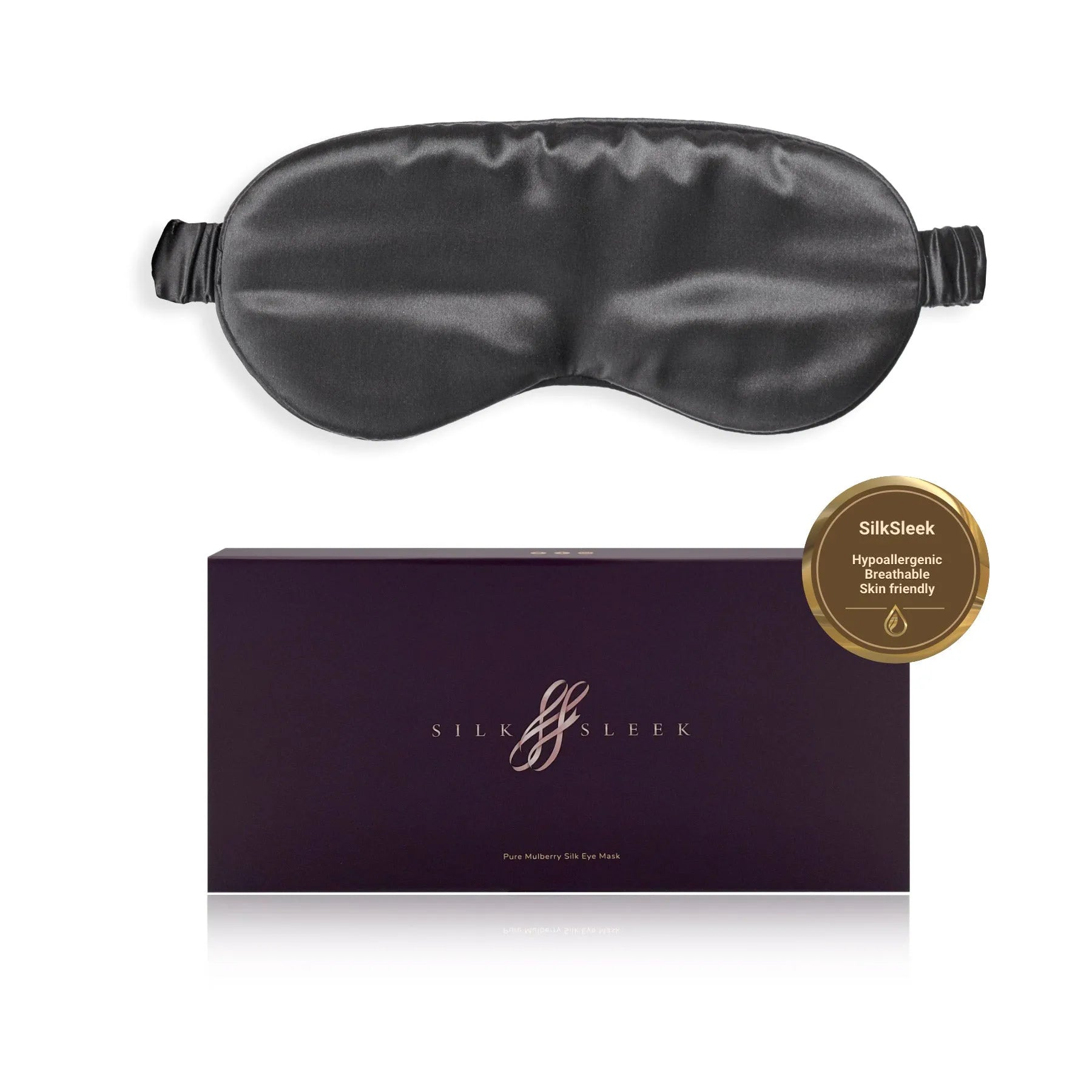 Charcoal silk eye mask with 'SilkSleek' branding and packaging on a white background