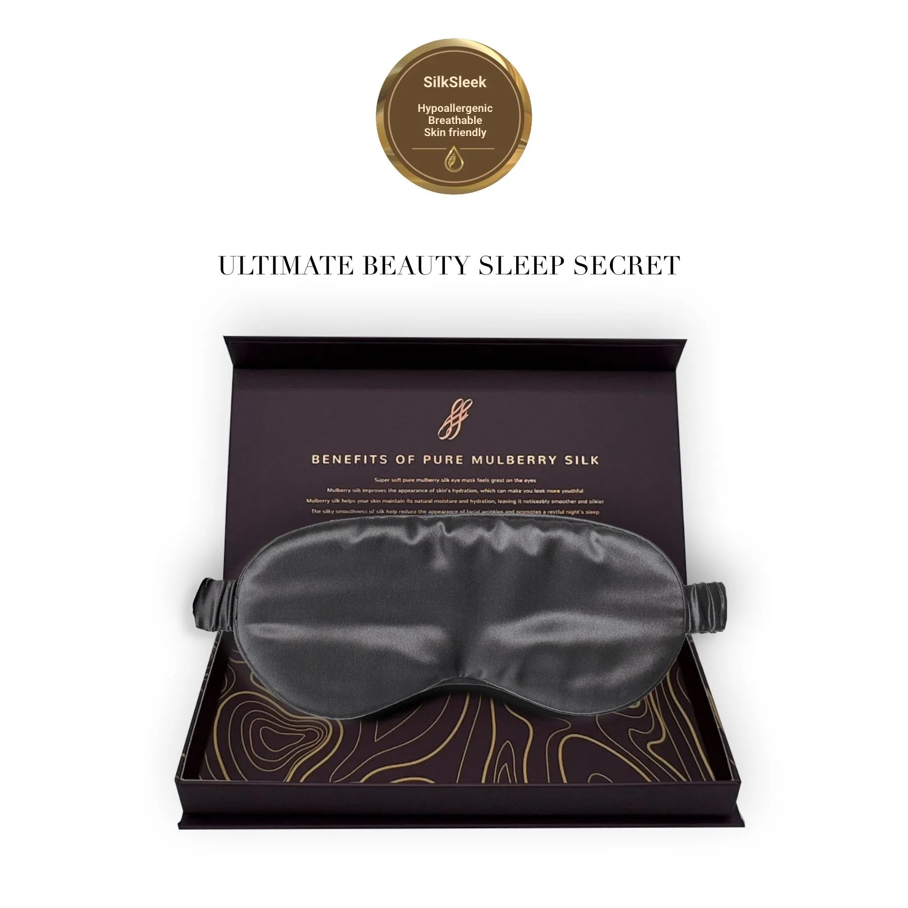 Silk sleep mask in a gift box with 'SilkSleek' logo on a white background