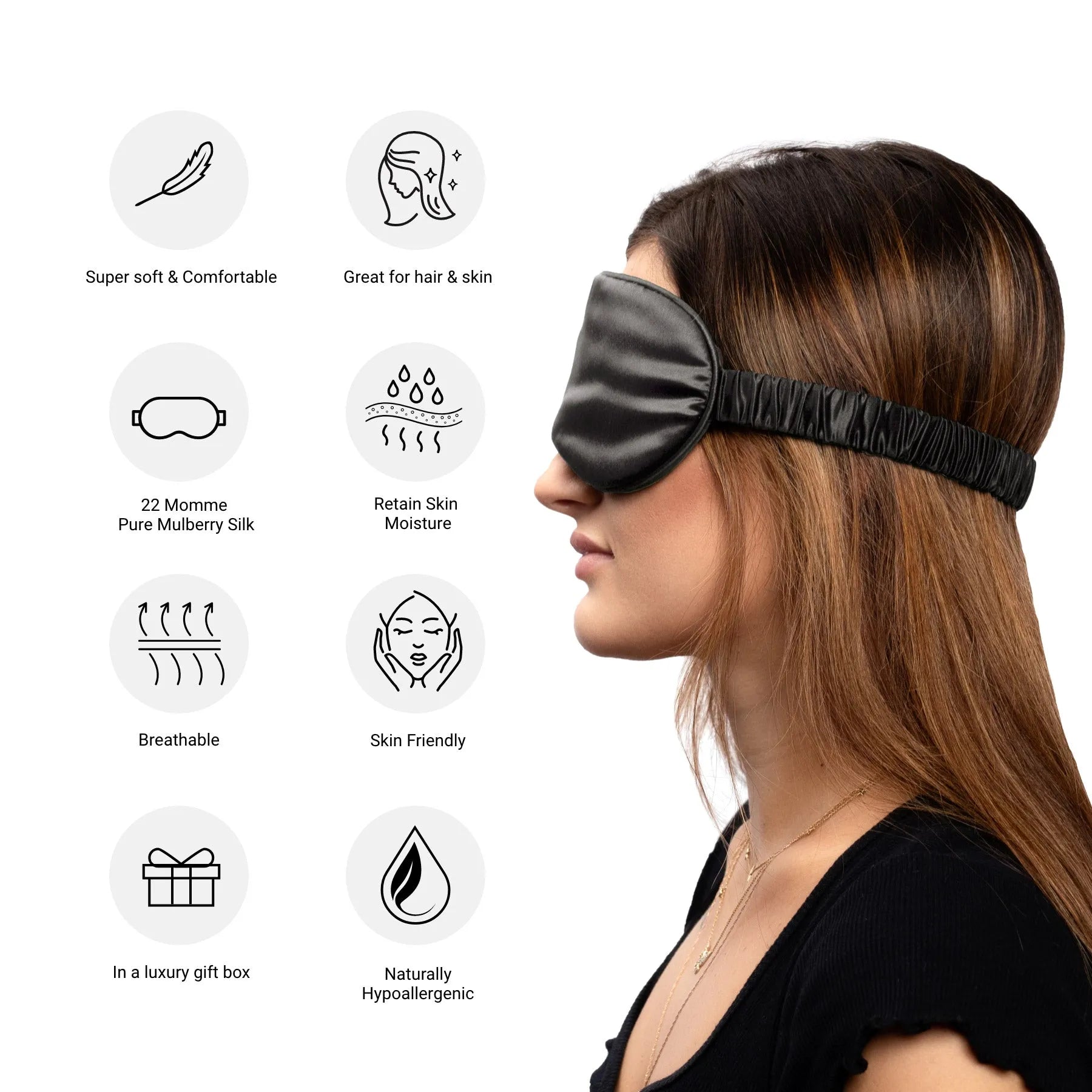 Woman wearing a charcoal silk sleep mask with product features listed on a white background