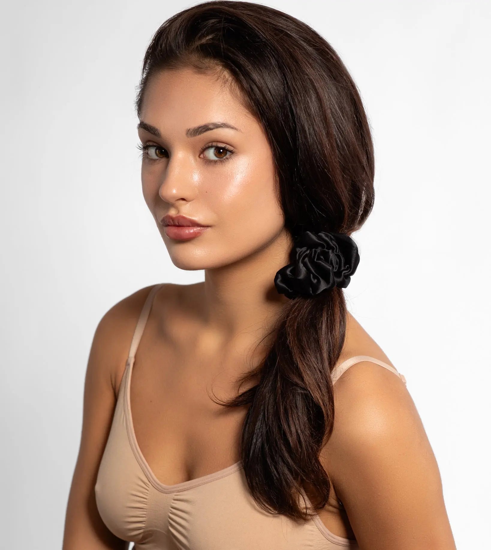Large Silk Scrunchie Set - Black, Chocolate, Pearl White - SilkSleek