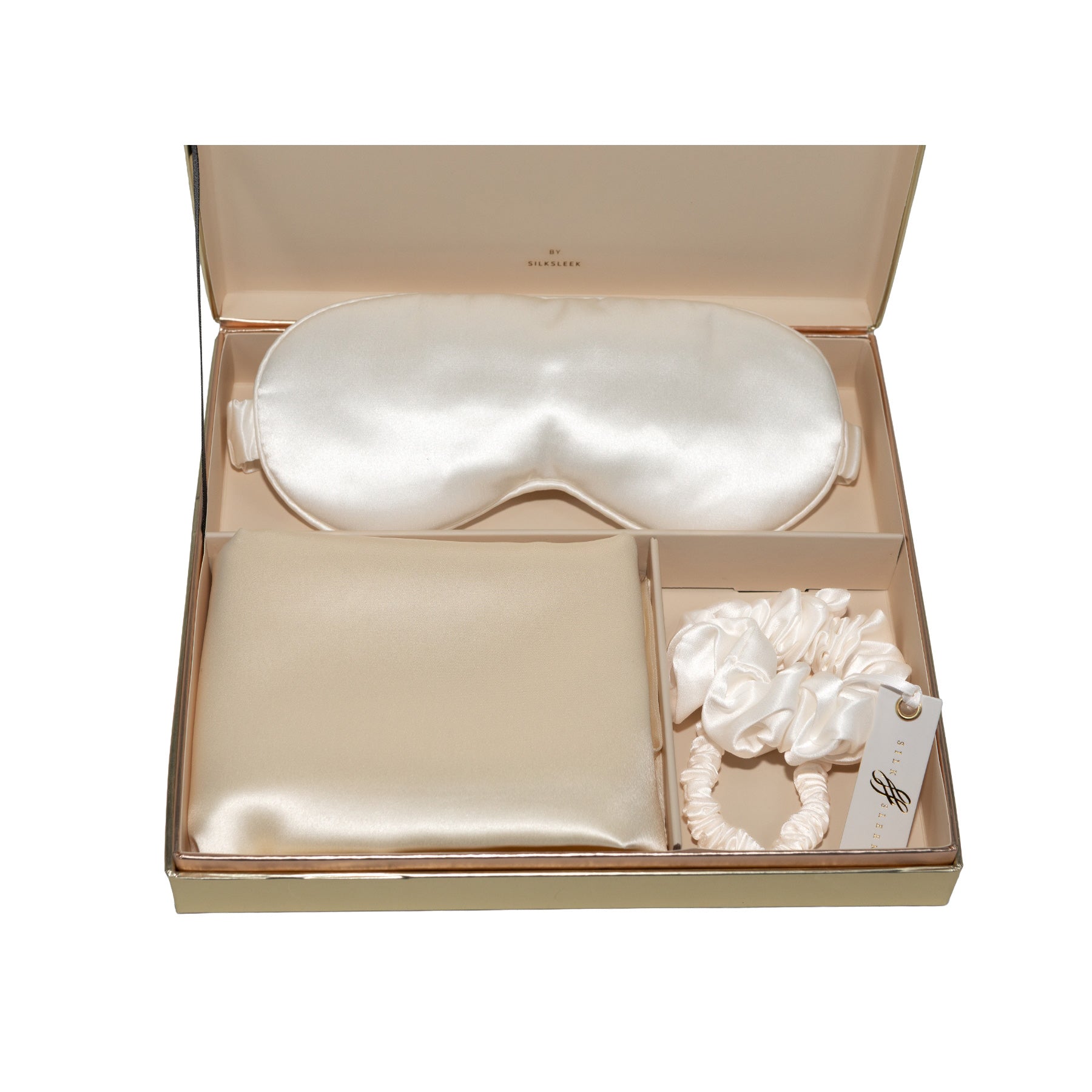 Silk eye mask, pillowcase and silk scrunchies set presented in a SilkSleek signature box on a white background.