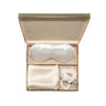 Gold luxury gift box filled with a mulberry silk eye mask, matching silk pillowcase and two silk scrunchies in large and skinny sizes.