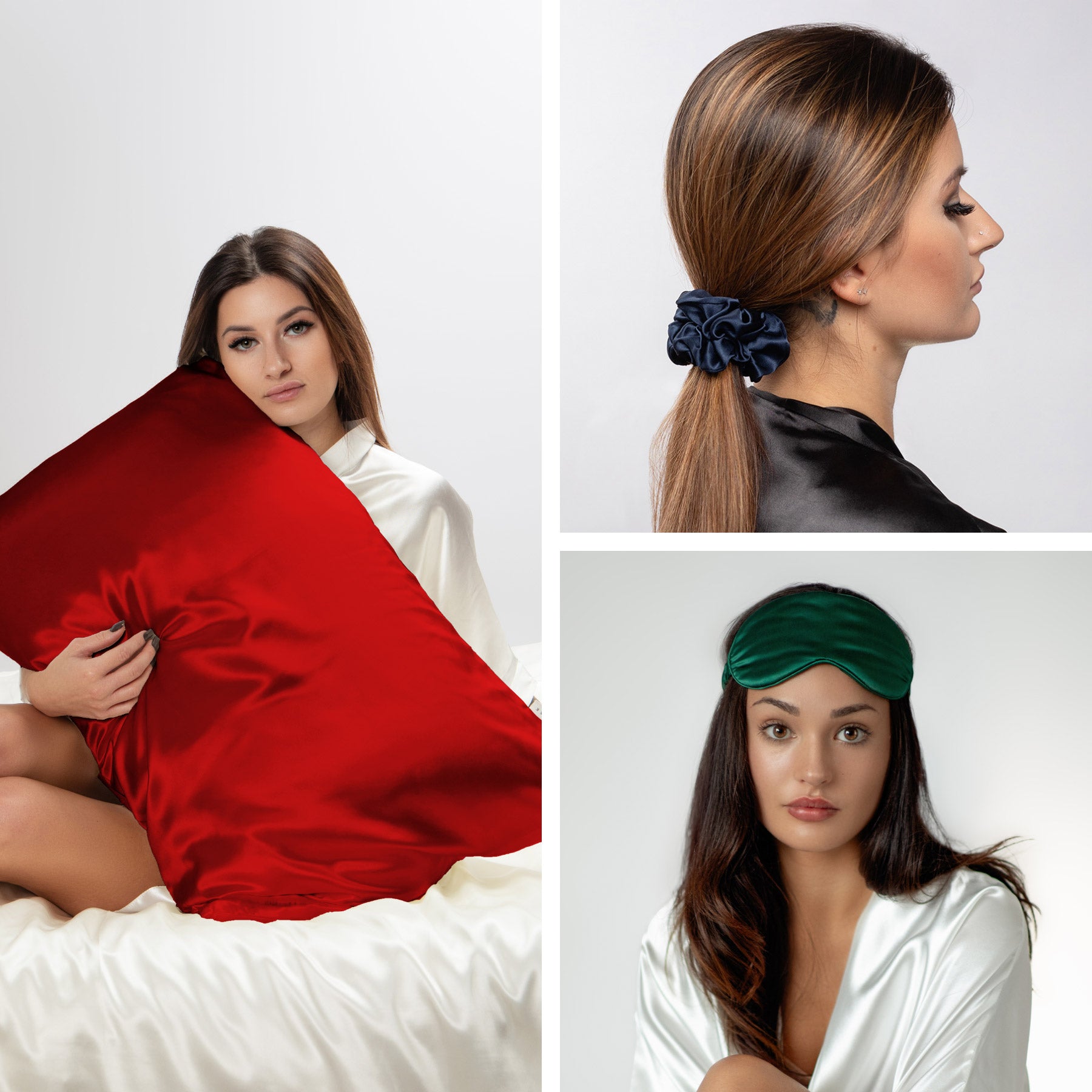 Collage of a woman holding a red silk pillow, wearing a blue silk hair scrunchie, and a emerald  silk  eye mask 