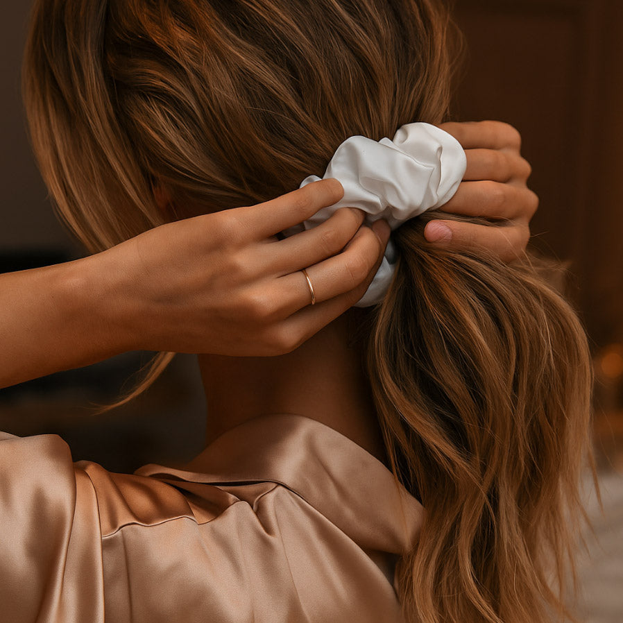 Woman wearing a white silk scrunchies 