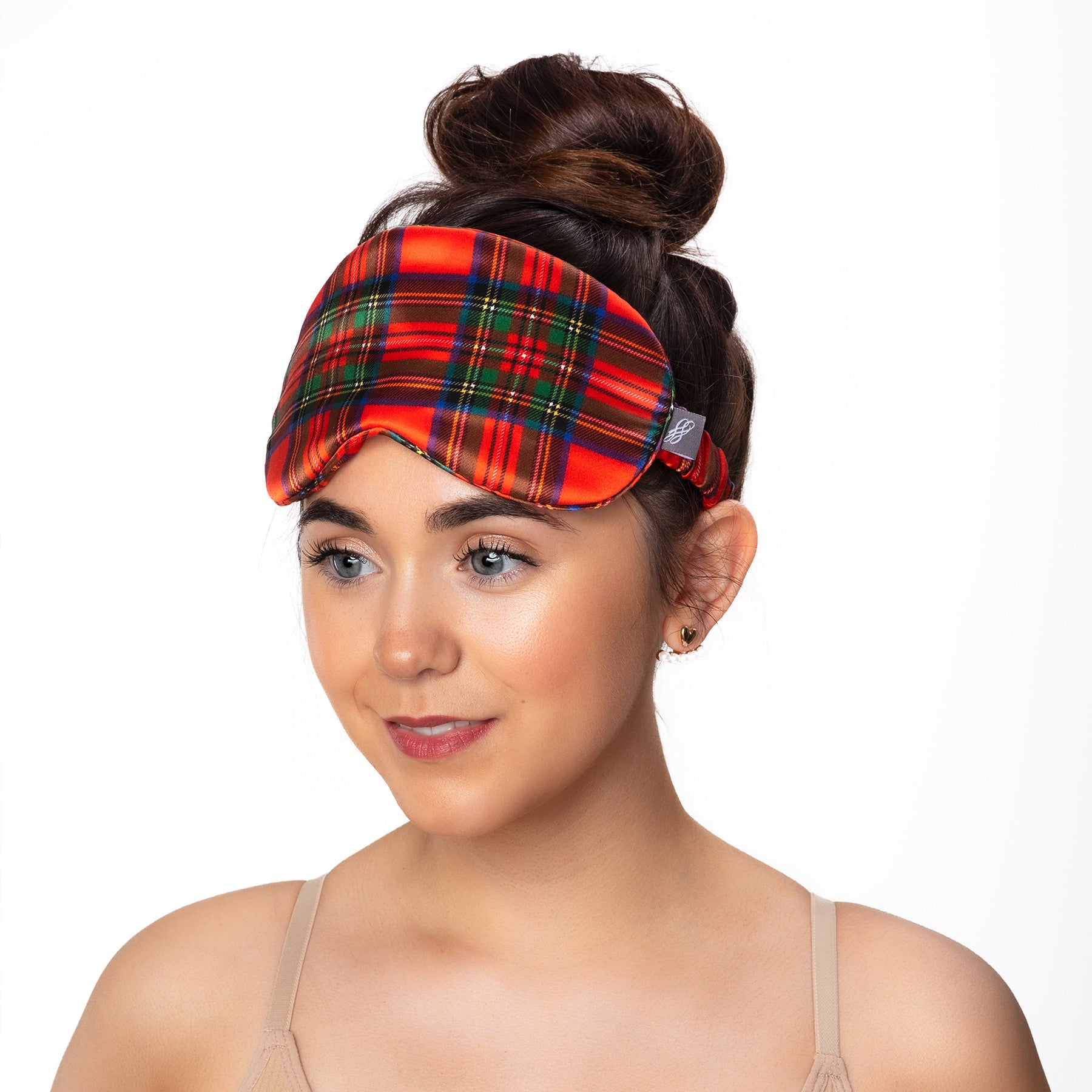 Tartan Red Silk Eye Mask on White background 