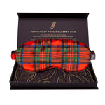 Red plaid sleep mask in a Gift box with text about mulberry silk benefits.