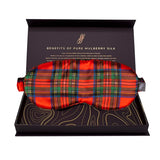 Red plaid sleep mask in a Gift box with text about mulberry silk benefits.