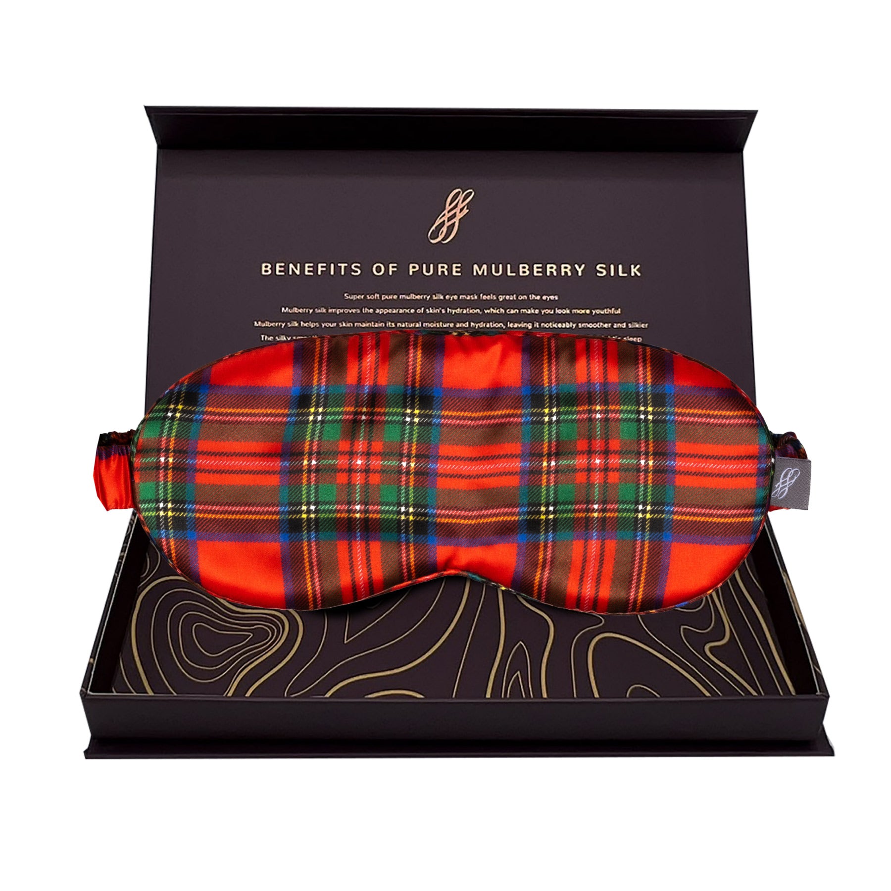 Red plaid sleep mask in a Gift box with text about mulberry silk benefits.