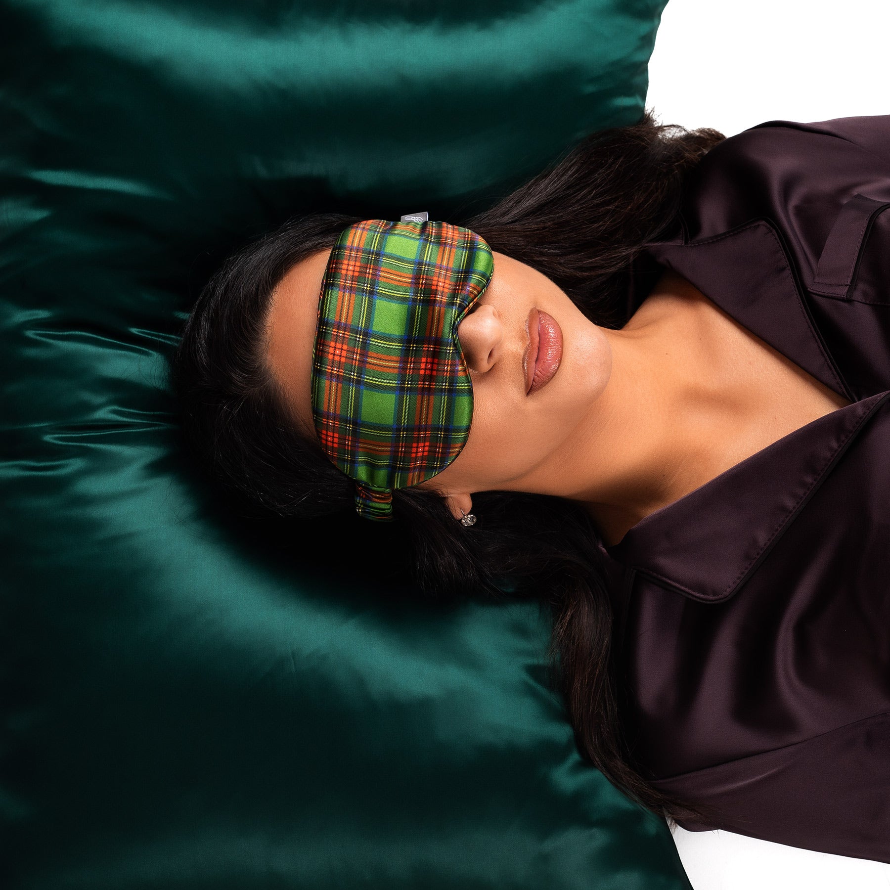 Tartan Silk Eye Mask with Emerald Silk Pillowcase