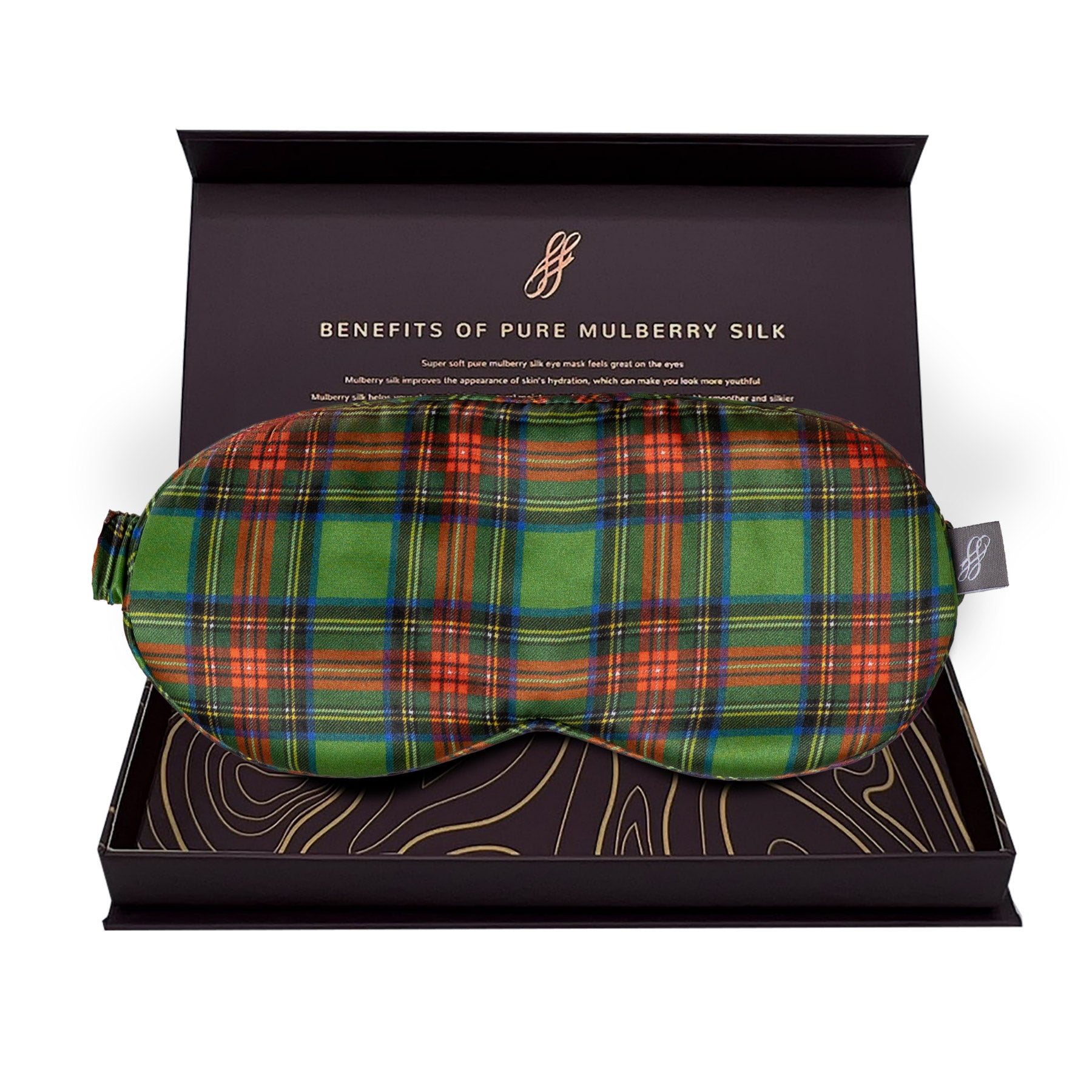 Plaid patterned sleep mask in a gift box with text about mulberry silk benefits.