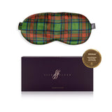 Tartan Green patterned silk sleep mask with 'SilkSleek' branding on a white background