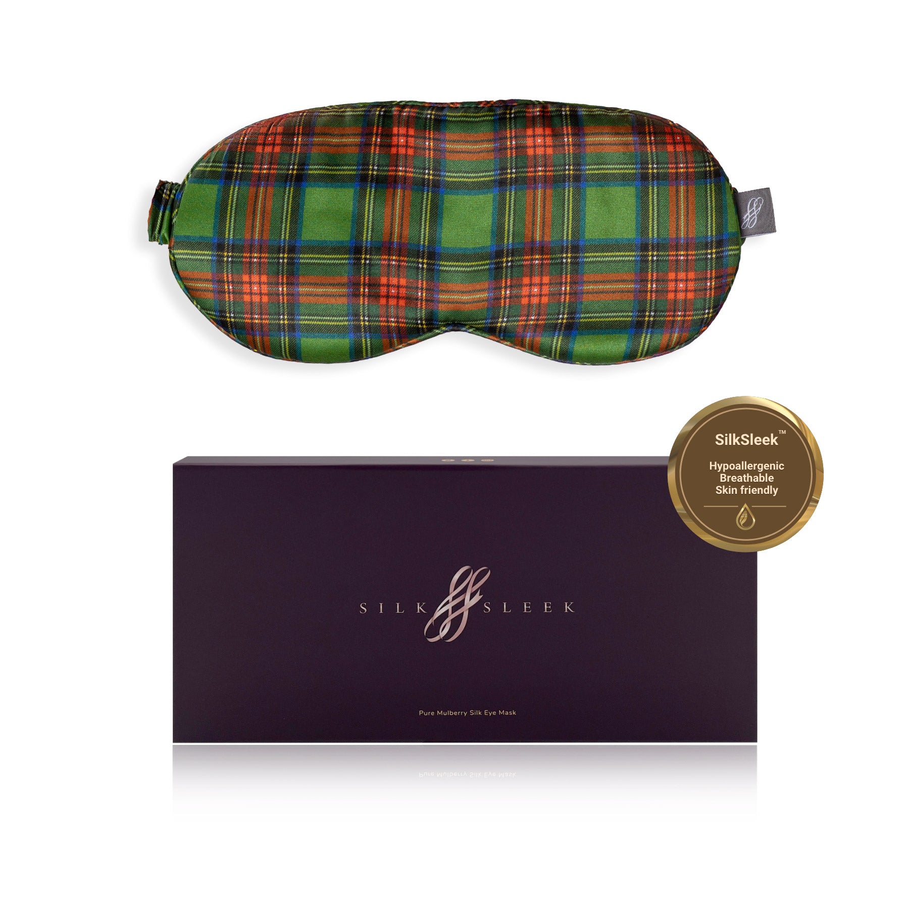 Tartan Green patterned silk sleep mask with 'SilkSleek' branding on a white background