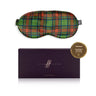Tartan Green patterned silk sleep mask with 'SilkSleek' branding on a white background