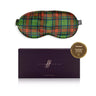 Tartan Green patterned silk sleep mask with 'SilkSleek' branding on a white background