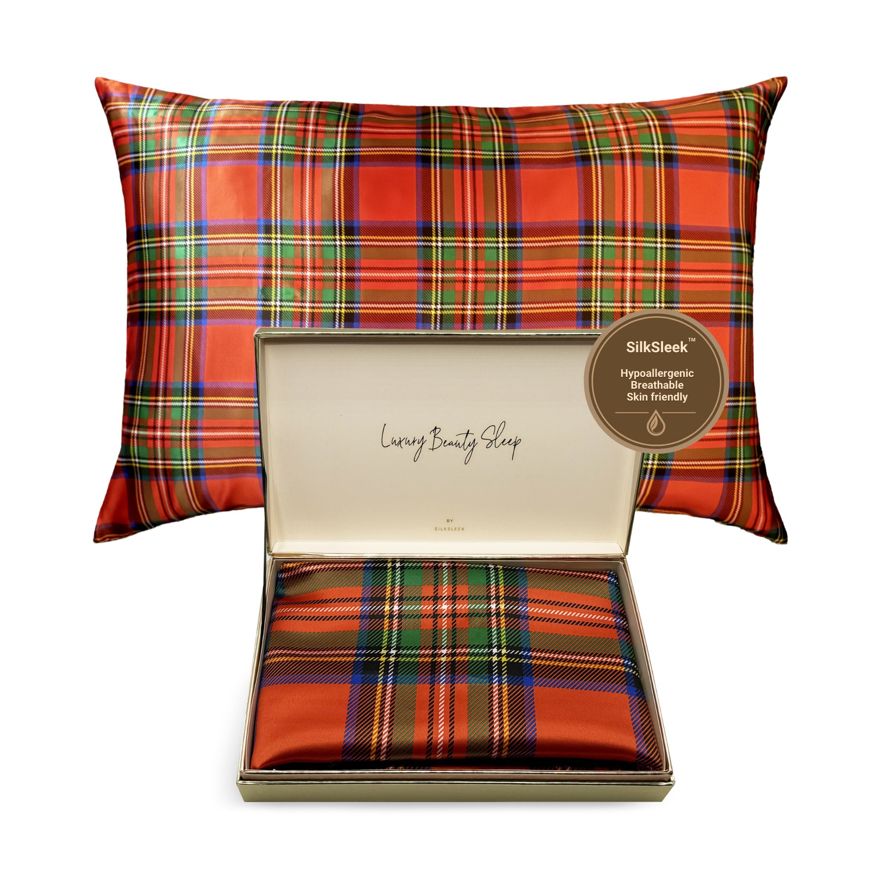 Plaid patterned pillow with a visible brand label on a white background