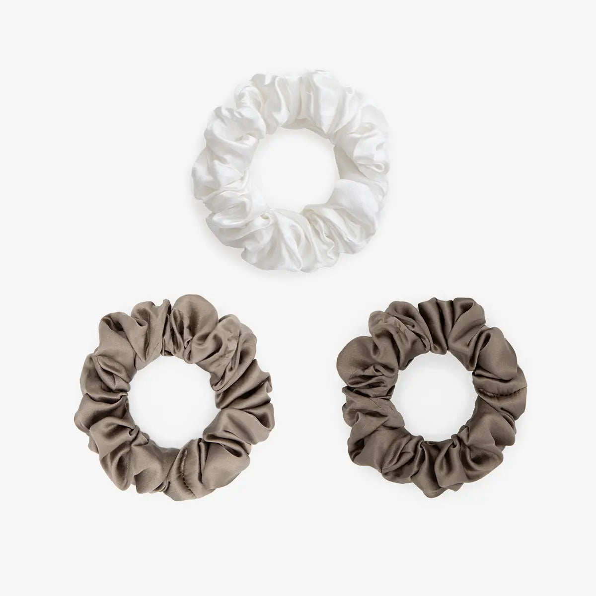 Large Silk Scrunchie Set - Pearl White, Oyster, Chocolate - SilkSleek